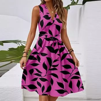 Женское весенне-летнее повседневное платье миди с V-образным вырезом без рукавов и цветочным принтом на талии M
