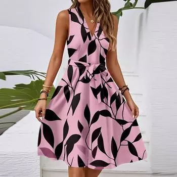 Женское весенне-летнее повседневное платье миди с V-образным вырезом без рукавов и цветочным принтом на талии XXL