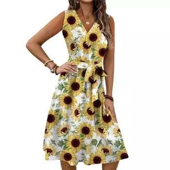 Женское весенне-летнее повседневное платье миди с V-образным вырезом без рукавов и цветочным принтом на талии L