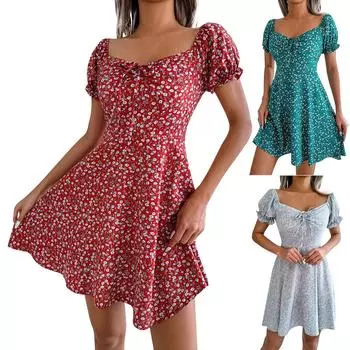 Женское весенне-летнее повседневное платье с расклешенными рукавами и шнуровкой на шнуровке с цветочным принтом L зелёный