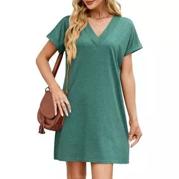 Женское весенне-летнее повседневное платье с V-образным вырезом и короткими рукавами, сшитое из однотонного материала S чёрный