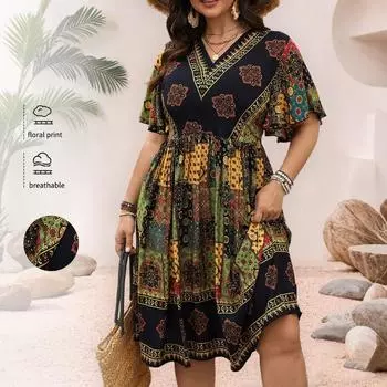 Женское весенне-летнее повседневное платье в стиле бохо с высокой талией и V-образным вырезом XL чёрный