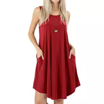 Женское весенне-летнее повседневное платье-жилет без рукавов с карманами и круглым вырезом S красный