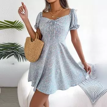 Женское весенне-летнее повседневное расклешенное платье с расклешенными рукавами на шнуровке и цветочным принтом, S-XXL S синий