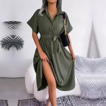 Женское весенне-летнее повседневное свободное платье-рубашка с лацканами и пуговицами S армия зеленый