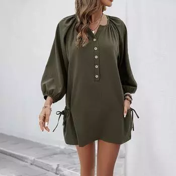 Женское весенне-летнее повседневное свободное платье с эластичным дизайном и карманами, однотонное платье S армия зеленый