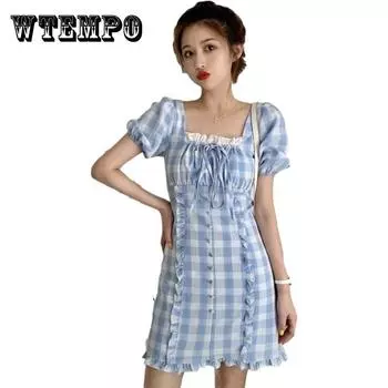 Женское весенне-летнее простое и нежное платье с завышенной талией, с тонкими рукавами-фонариками и сетчатым французским узором XXL