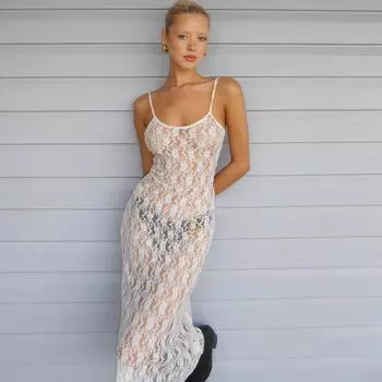 Женское весенне-летнее сетчатое платье с подтяжками, с маленьким сливовым цветком, сексуальное, с бретелью через шею, темпераментное, длинное платье S чёрный