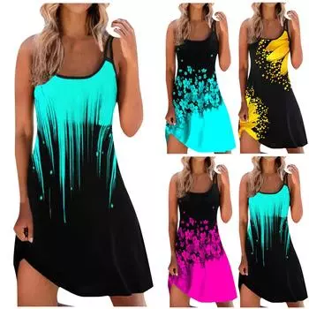 Женское весенне-летнее сексуальное платье на подтяжках без рукавов с открытой спиной и принтом M жёлтый