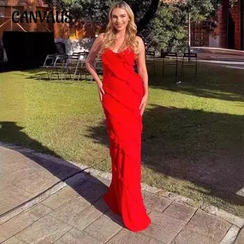 Женское весенне-летнее сексуальное платье с открытой спиной и U-образным вырезом, с прорезями на плечах, с узкими боковыми разрезами, длинное платье S красный