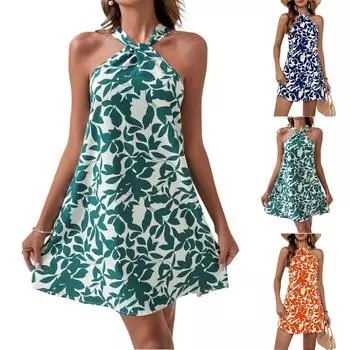 Женское весенне-летнее сексуальное платье без рукавов с открытой спиной и короткой юбкой с оборками и принтом на шее L синий