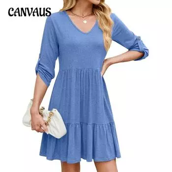 Женское весенне-летнее свободное платье со средним рукавом и V-образным вырезом, с оборками, в наличии для женщин S чёрный