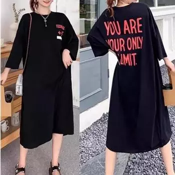 Женское весенне-летнее свободное платье выше колена с боковыми разрезами Fat Mm Lazy M чёрный