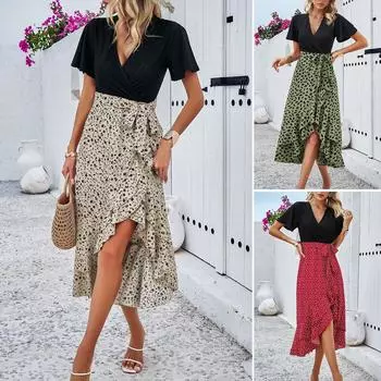 Женское весенне-летнее темпераментное элегантное контрастное платье с короткими рукавами и V-образным вырезом S