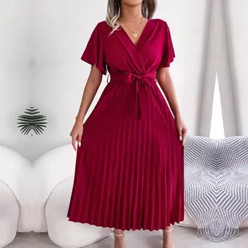 Женское весенне-летнее темпераментное длинное платье с V-образным вырезом и коротким рукавом, однотонное плиссированное макси-платье S-XL S чёрный