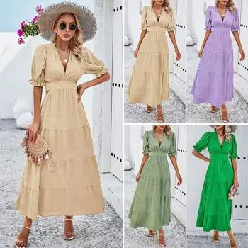Женское весенне-летнее темпераментное однотонное платье с V-образным вырезом и шнуровкой на талии S