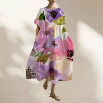 Женское весенне-летнее темпераментное свободное длинное платье большого размера L розовый/фиолетовый