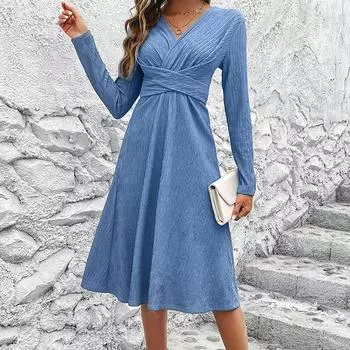 Женское весенне-осеннее цельное платье с длинными рукавами и v-образным вырезом, сплошное цветное платье длиной до колена S