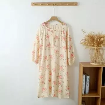 Женское весенне-осеннее хлопковое тонкое домашнее платье в деревенском стиле с длинными рукавами свободного размера средней длины для сна M