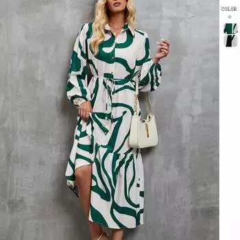 Женское весенне-осеннее модное повседневное свободное платье-рубашка со шнуровкой для женщин S зелёный