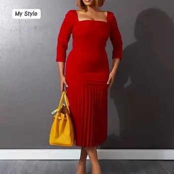 Женское весенне-осеннее модное сексуальное платье с квадратным воротником, женское цельное однотонное плиссированное платье-футляр с длинными рукавами