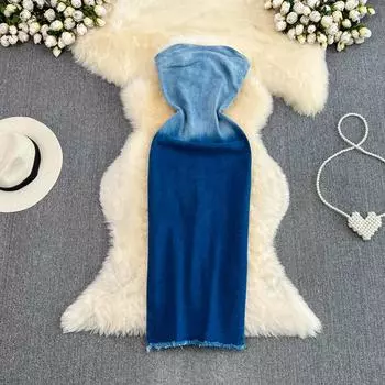 Женское весенне-осеннее новое градиентное платье без бретелек на талии для похудения средней длины джинсовое платье с разрезом на бедрах S синий