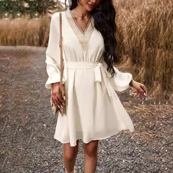 Женское весенне-осеннее однотонное кружевное платье средней длины с высокой талией и длинным рукавом с v-образным вырезом S чёрный