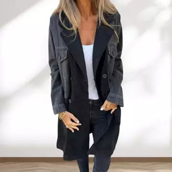 Женское весенне-осеннее пальто джинсовая куртка пальто пэчворк двубортное с карманами с клапанами S чёрный