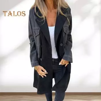 Женское весенне-осеннее пальто, джинсовая куртка, пальто, двубортное в стиле пэчворк с карманами с клапанами, цветное женское пальто средней длины S синий