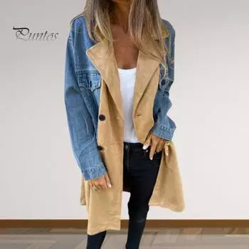 Женское весенне-осеннее пальто, джинсовая куртка, пальто, двубортное в стиле пэчворк с карманами с клапанами, цветное женское пальто средней длины S синий