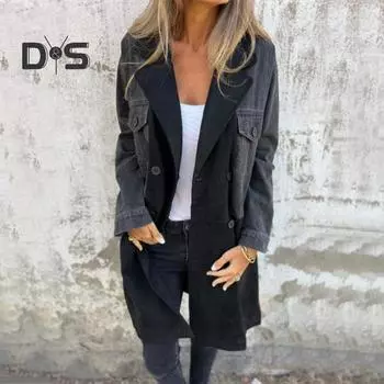 Женское весенне-осеннее пальто, джинсовая куртка, пальто, двубортное в стиле пэчворк с карманами с клапанами, цветное женское пальто средней длины S чёрный