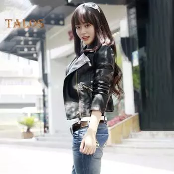 Женское весенне-осеннее пальто из искусственной кожи с отложным воротником на молнии и карманами ветрозащитная молния сплошной цвет плюс размер мотоциклетная куртка с длинными рукавами L чёрный