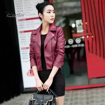 Женское весенне-осеннее пальто из искусственной кожи с отложным воротником на молнии и карманами ветрозащитная молния сплошной цвет плюс размер мотоциклетная куртка с длинными рукавами L вино красного