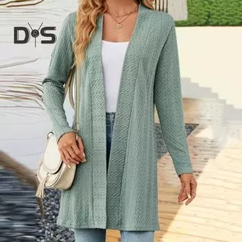 Женское весенне-осеннее пальто, однотонное свободное пальто с открытой строчкой, витой текстурный кардиган с длинными рукавами, мягкая дышащая женская куртка 2XL хаки