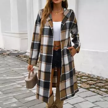 Женское весенне-осеннее пальто с капюшоном, клетчатый принт, свободная верхняя одежда средней длины с длинным рукавом M коричневый