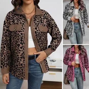 Женское весенне-осеннее пальто с накладным нагрудным карманом, отложным воротником, однобортное, с леопардовым принтом, с длинными рукавами, средней длины, повседневная куртка M коричневый