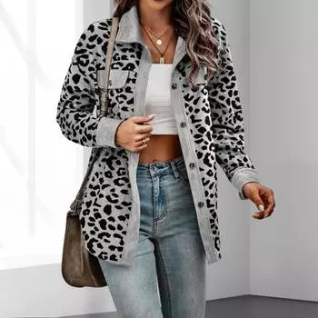 Женское весенне-осеннее пальто с накладным нагрудным карманом, отложным воротником, однобортное, с леопардовым принтом, длинные рукава, средней длины M коричневый