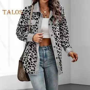 Женское весенне-осеннее пальто с накладным нагрудным карманом, отложным воротником, однобортное, с леопардовым принтом, с длинными рукавами, средней длины, повседневная куртка M светло-серый