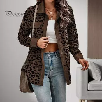Женское весенне-осеннее пальто с накладным нагрудным карманом, отложным воротником, однобортное, с леопардовым принтом, с длинными рукавами, средней длины, повседневная куртка M светло-серый