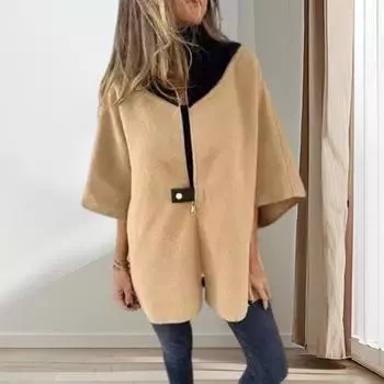 Женское весенне-осеннее пальто с воротником-стойкой, застежкой-молнией, свободная куртка с рукавами 3/4, кардиган, цветной блок, повседневная одежда, для вечеринок, офиса, топ M верблюд