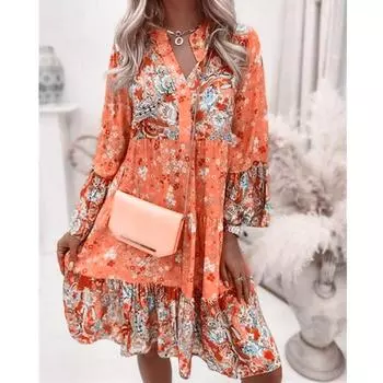 Женское весенне-осеннее платье миди на пуговицах в стиле бохо оранжево-зеленое свободное пляжное платье с цветочным принтом S розовый