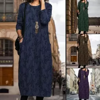 Женское весенне-осеннее платье миди с круглым вырезом и длинными рукавами, карманами, дизайнерским принтом, свободное элегантное платье, уличная одежда L синий