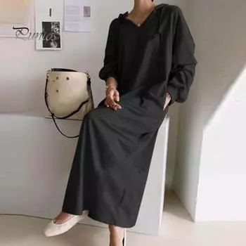 Женское весенне-осеннее платье на шнурке с капюшоном, однотонное, свободное, с длинными рукавами, с v-образным вырезом до щиколотки, мягкое дышащее повседневное женское платье макси L серый