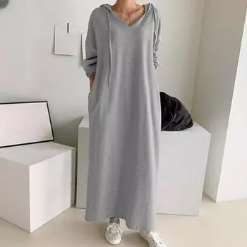 Женское весенне-осеннее платье на шнурке с капюшоном, однотонное, свободное, с длинными рукавами, с v-образным вырезом до щиколотки, мягкое дышащее повседневное женское платье макси XL хаки