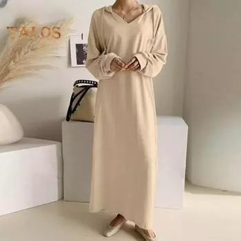 Женское весенне-осеннее платье на шнурке с капюшоном, однотонное, свободное, с длинными рукавами, с v-образным вырезом до щиколотки, мягкое дышащее повседневное женское платье макси L серый