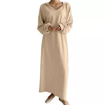 Женское весенне-осеннее платье на шнурке с капюшоном, однотонное, свободное, с длинными рукавами, с v-образным вырезом до щиколотки, мягкое дышащее повседневное женское платье макси M хаки