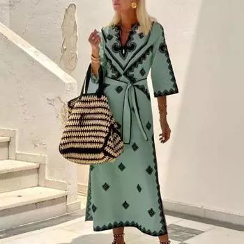 Женское весенне-осеннее платье на шнуровке с узкой талией и геометрическим принтом с V-образным вырезом и рукавами три четверти, сочетающееся по цвету с разрезом подол, богемное платье миди для отпуска XL бежевый