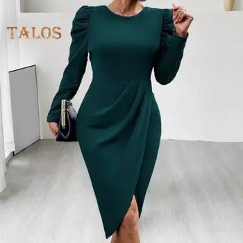 Женское весенне-осеннее платье, нерегулярный подол, плиссированные, сплошной цвет, застежка-молния сзади, с длинным рукавом, приталенный крой, узкая талия, длина до колена, элегантный коммутирующий миди XL синий