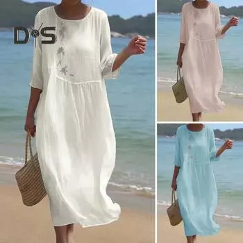 Женское весенне-осеннее платье с цветочной вышивкой, круглым вырезом, рукавом три четверти, свободным, длиной до середины икры, двухслойное женское платье миди 4XL небесно-голубой