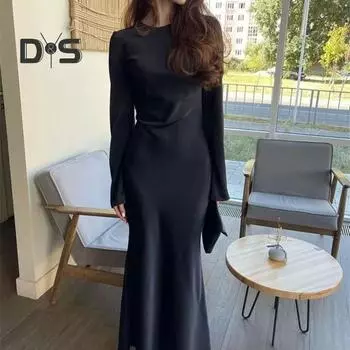 Женское весенне-осеннее платье с длинным рукавом, однотонное, с круглым вырезом, с мягкой узкой талией, облегающее платье макси длиной до щиколотки для поездок на работу XL чёрный